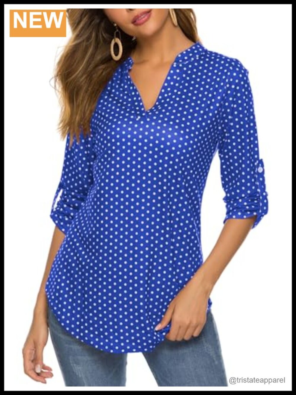 Women's Floral V-Neck Tunic Top Long Sleeve Roll Up Blouse Polyester Work Shirt